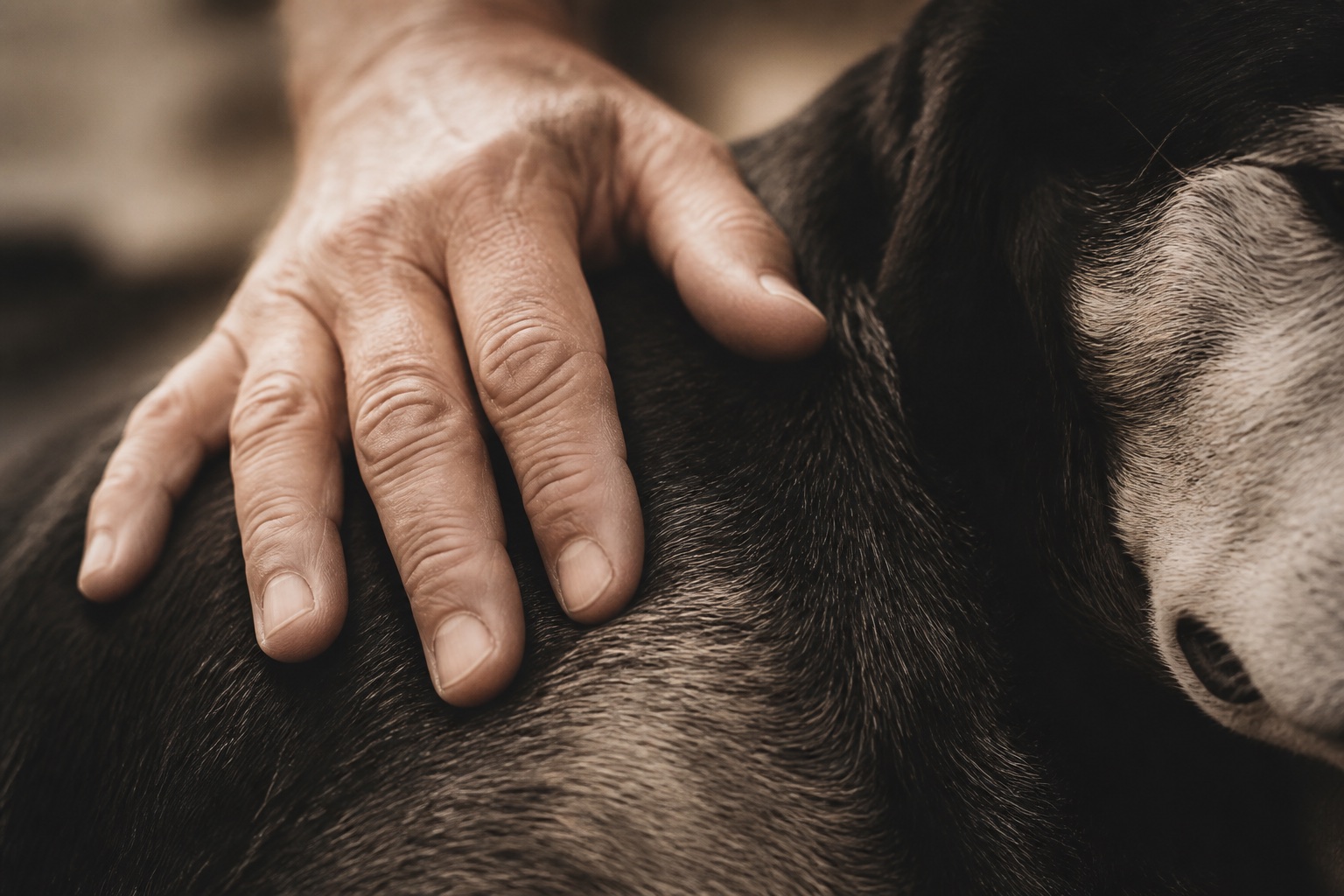 A hand resting on a senior dog's shoulder