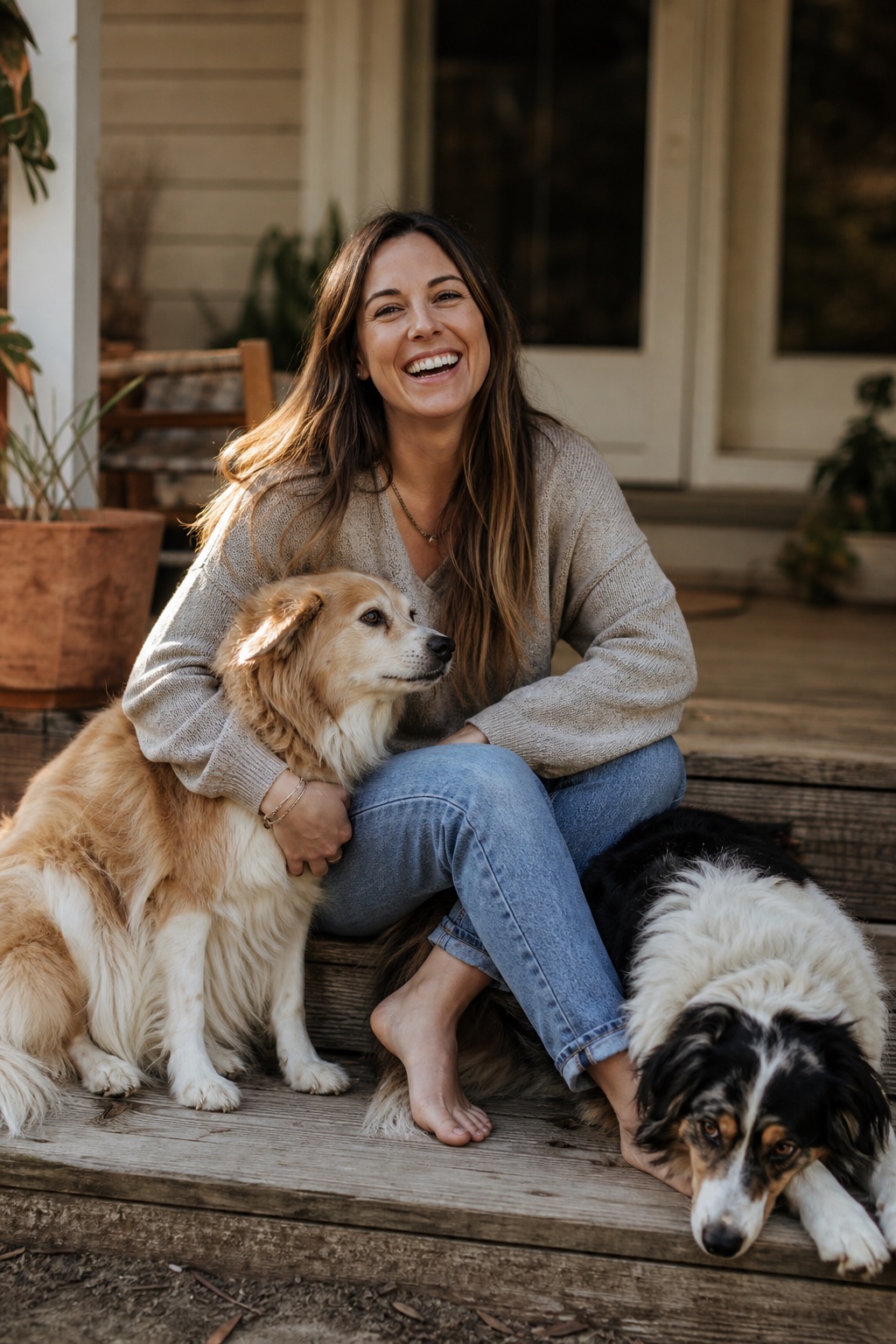 Pawside's founder sitting on a porch step with two dogs