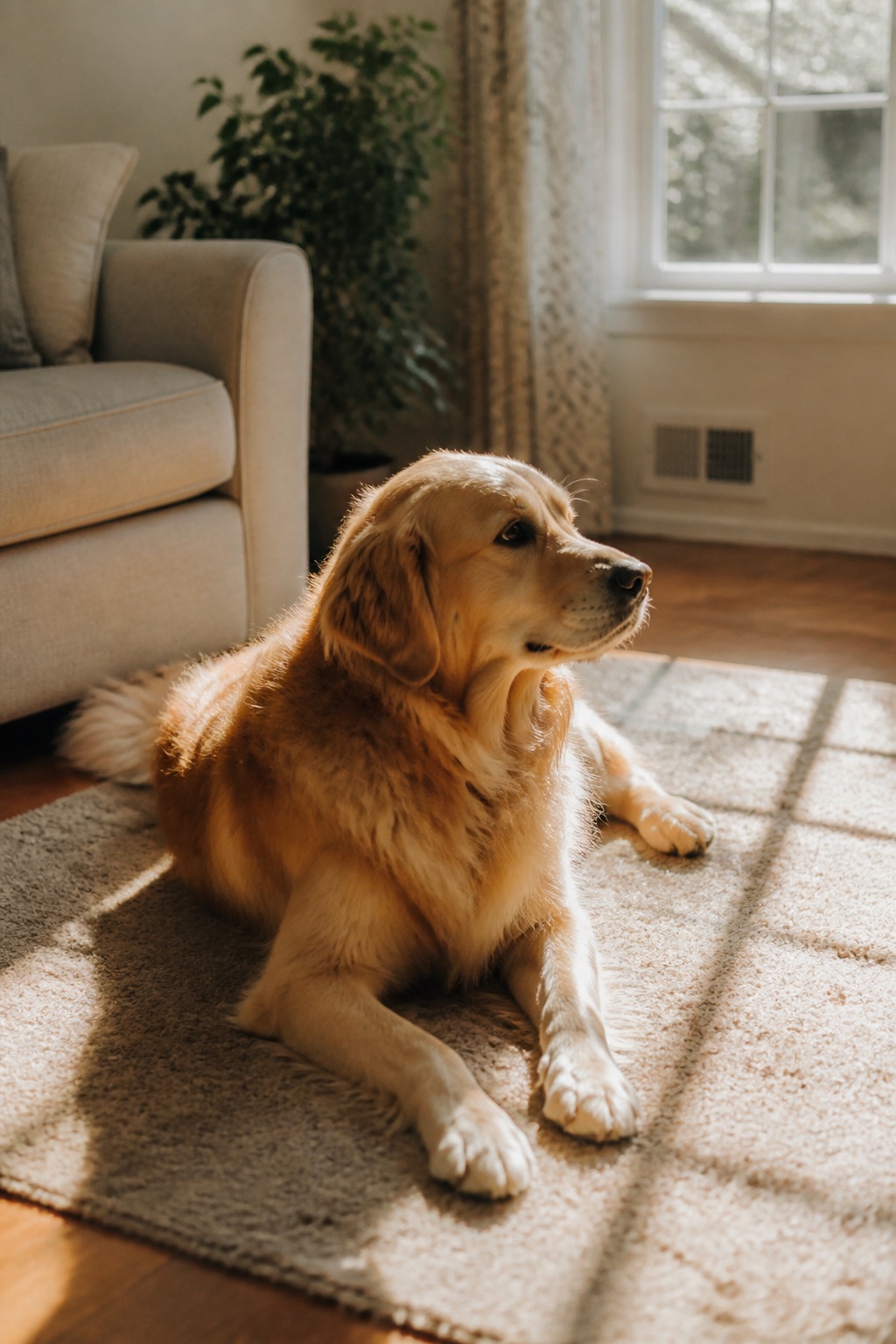 A golden retriever resting on a sunlit living room rug, looking calmly toward the window