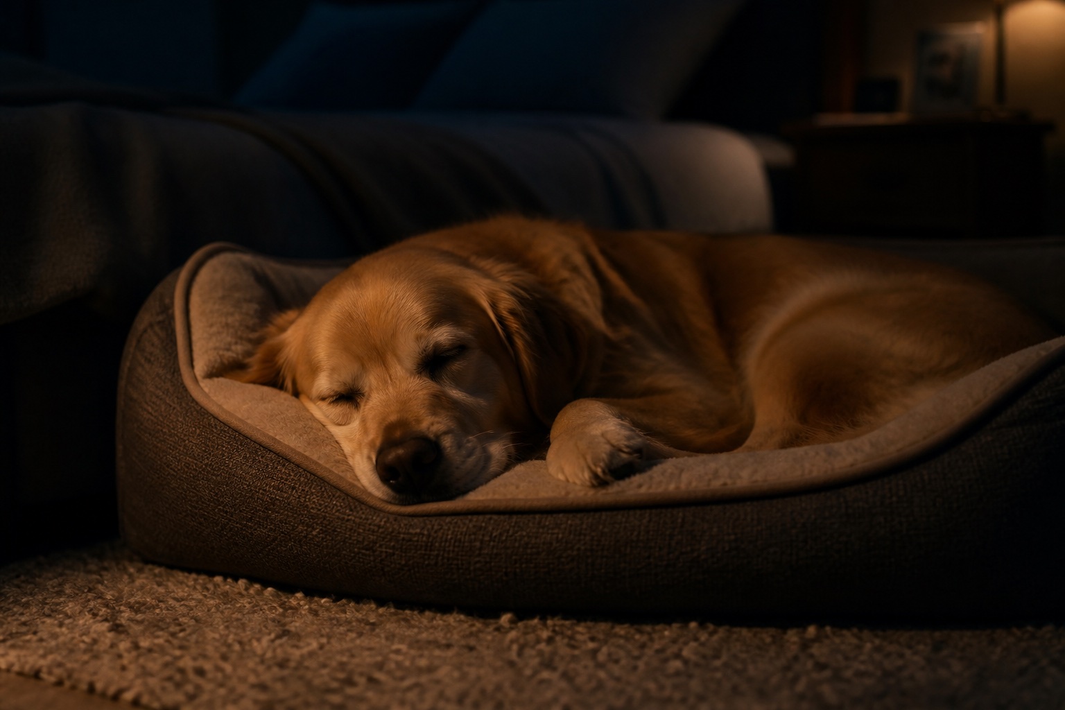 A dog asleep on a dog bed in a dimly lit bedroom at night